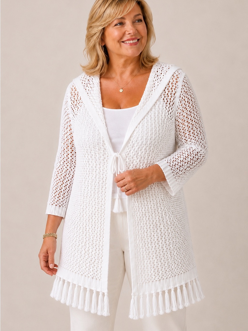 J.Jill Open Crochet Knit Hooded Cardigan 2X White Fringe Tassel
